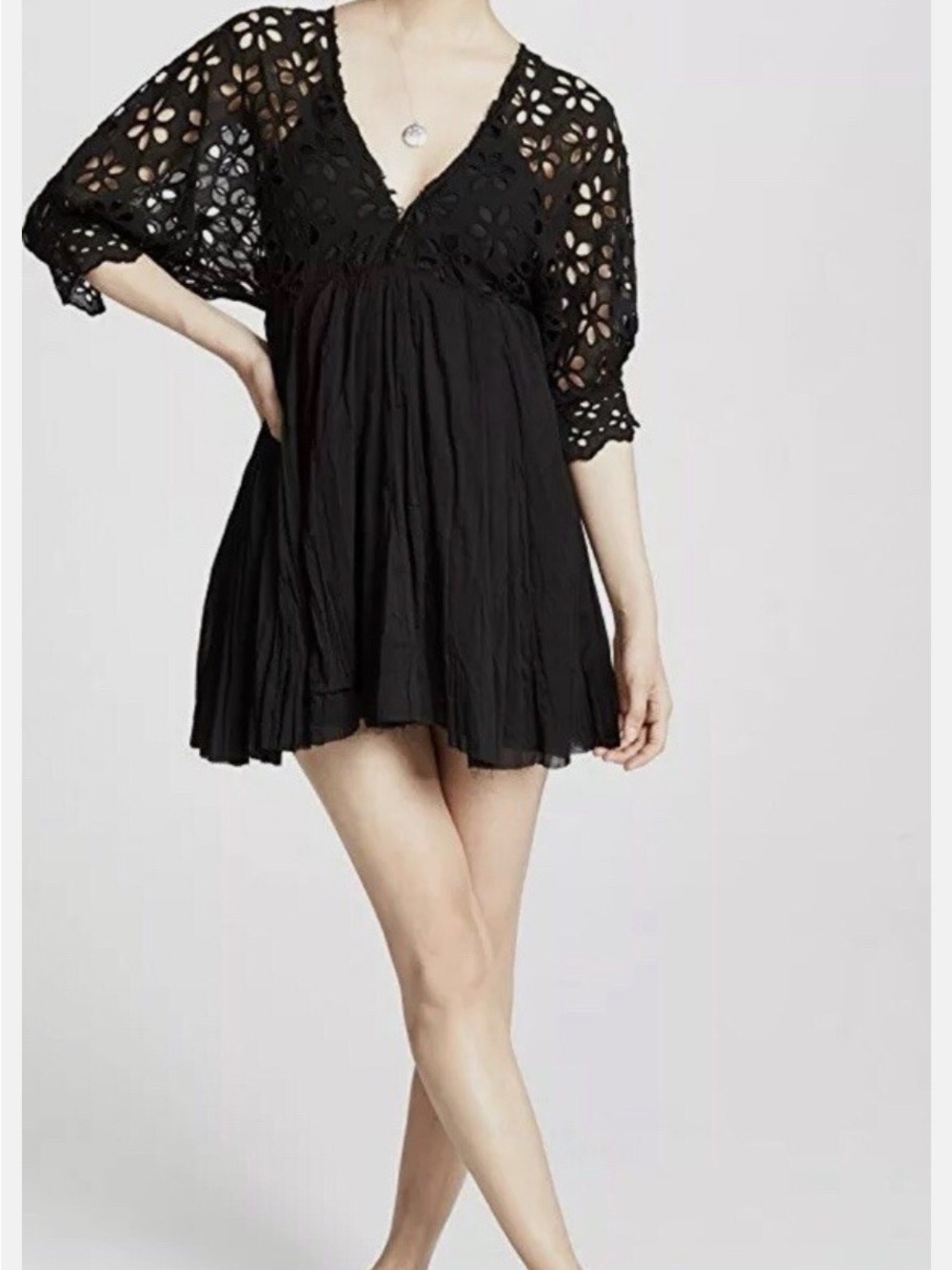 FREE PEOPLE Black Eyelet Babydoll Mini Dress XS